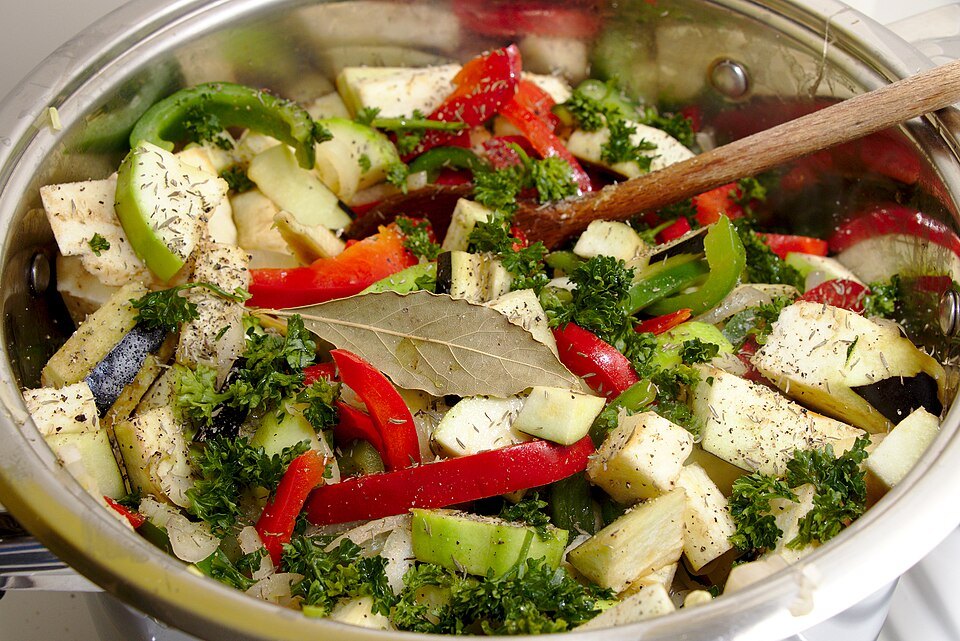 Ratatouille — the summer vegetables, cooked slowly and separately.